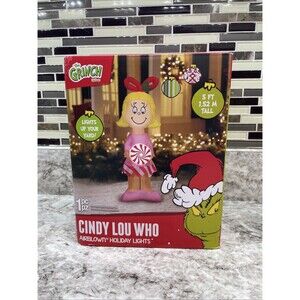 Gemmy 5 FT Inflatable Dr Seuss Cindy Lou Who Bow Candy Cane Airblown Yard Decor